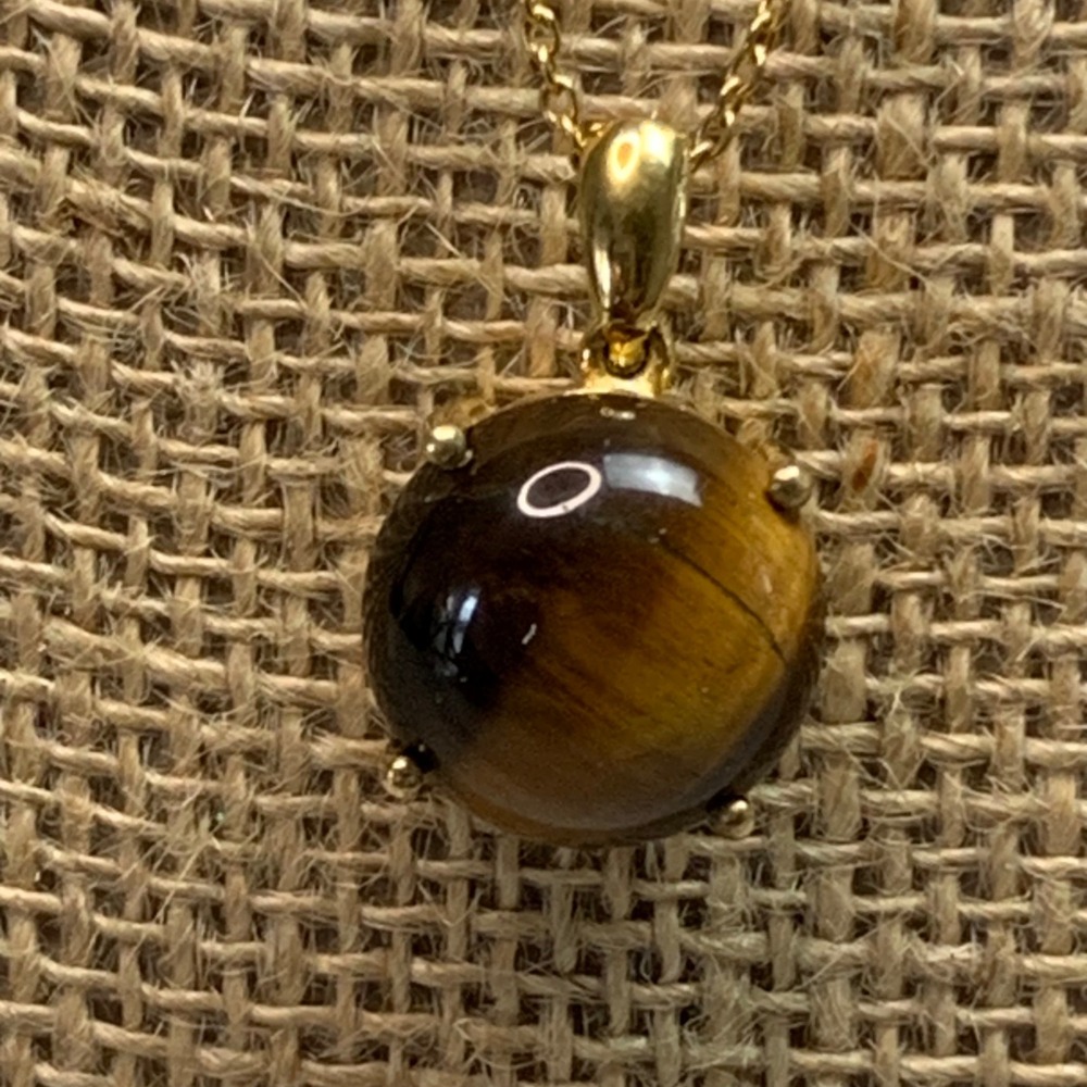Tiger's Eye Round Cabochon Pendant Necklace Gold Over 925 Sterling Silver 16"